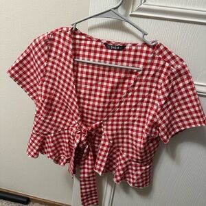 SHEIN Red gingham Tie-Front Blouse